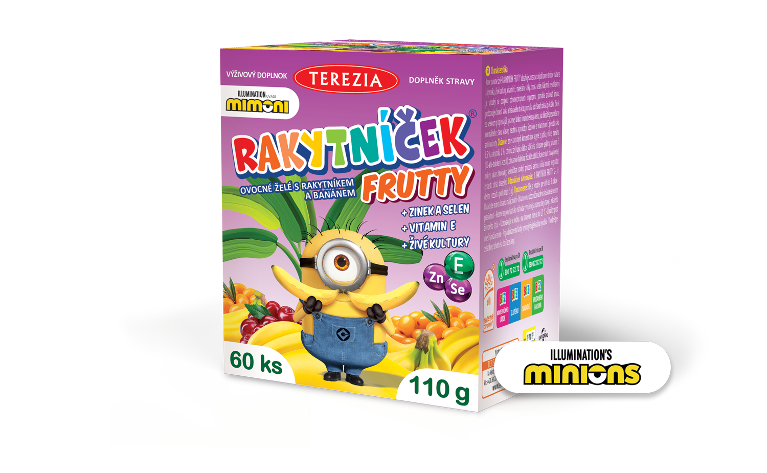 Balení TEREZIA RAKYTNÍČEK FRUTTY ovocné želé s&nbsp;banánem a&nbsp;rakytníkem Mimoni